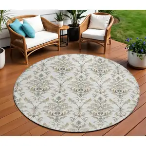 Photo of 8' Ivory Copper And Gray Round Damask Washable Indoor Outdoor Area Rug