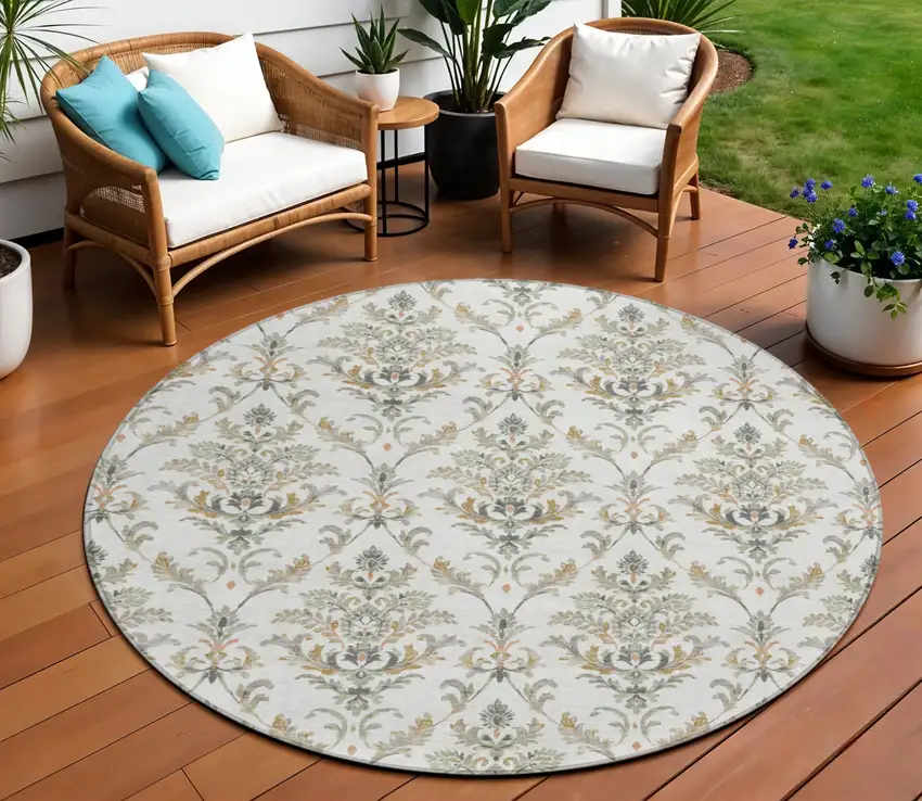 8' Ivory Copper And Gray Round Damask Washable Indoor Outdoor Area Rug Photo 1