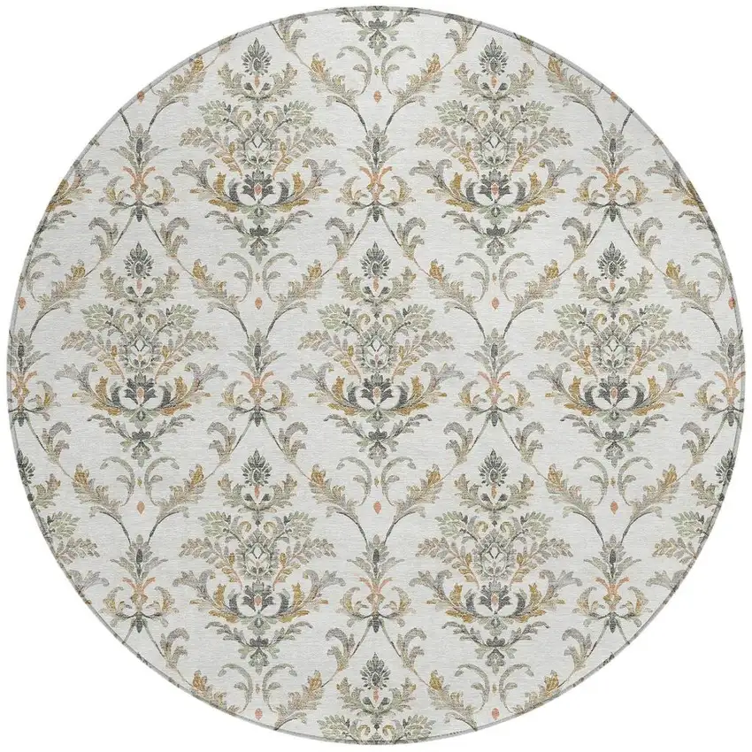 8' Ivory Copper And Gray Round Damask Washable Indoor Outdoor Area Rug Photo 4