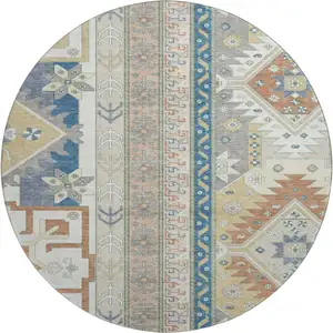 Photo of 8' Ivory Copper And Teal Southwestern Washable Round Rug With UV Protection
