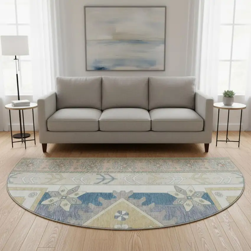 8' Ivory Copper And Teal Southwestern Washable Round Rug With UV Protection Photo 2