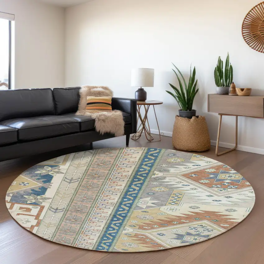 8' Ivory Copper And Teal Southwestern Washable Round Rug With UV Protection Photo 4