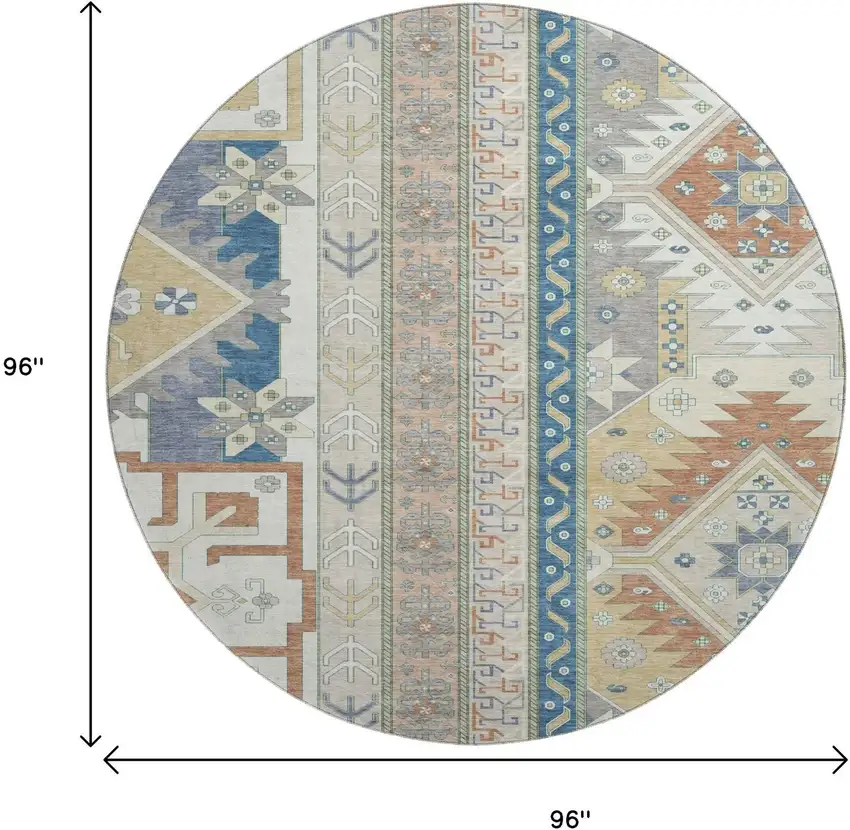 8' Ivory Copper And Teal Southwestern Washable Round Rug With UV Protection Photo 9