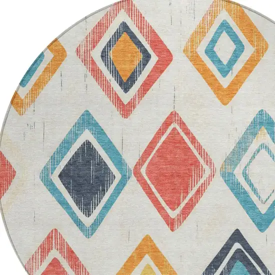 8' Ivory Coral And Teal Blue Round Geometric Washable Indoor Outdoor Area Rug Photo 6