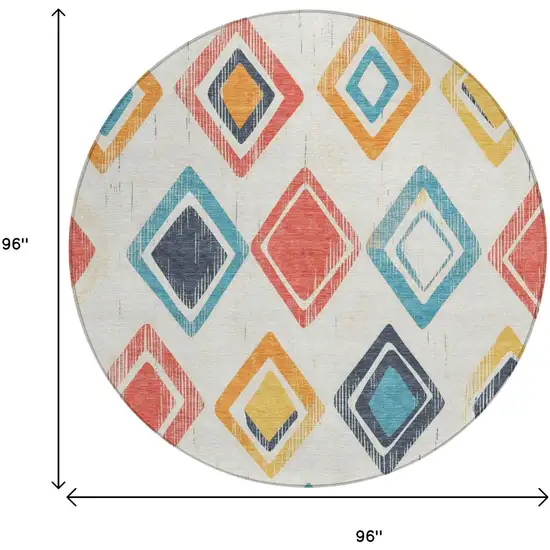 8' Ivory Coral And Teal Blue Round Geometric Washable Indoor Outdoor Area Rug Photo 9
