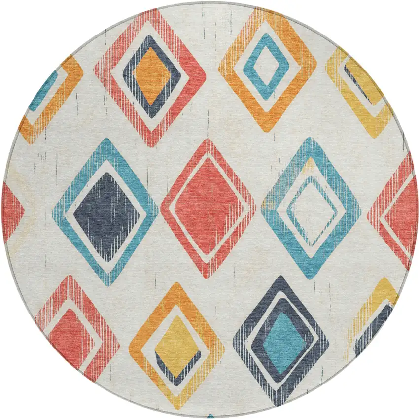 8' Ivory Coral And Teal Blue Round Geometric Washable Indoor Outdoor Area Rug Photo 1