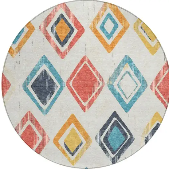 8' Ivory Coral And Teal Blue Round Geometric Washable Indoor Outdoor Area Rug Photo 5