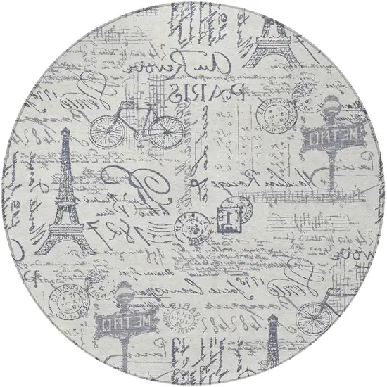 8' Ivory Denim Blue And Gray Round Toile Washable Indoor Outdoor Area Rug Photo 4