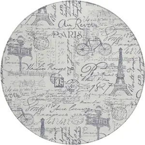 Photo of 8' Ivory Denim Blue And Gray Round Toile Washable Indoor Outdoor Area Rug