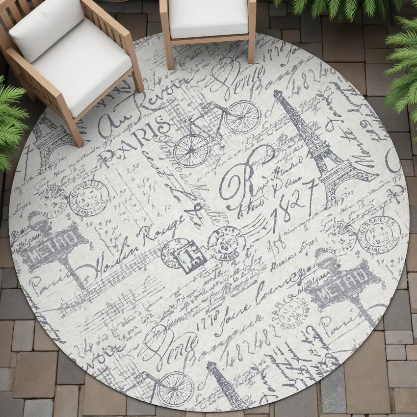 8' Ivory Denim Blue And Gray Round Toile Washable Indoor Outdoor Area Rug Photo 7