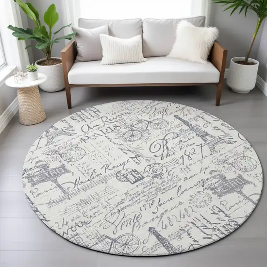 8' Ivory Denim Blue And Gray Round Toile Washable Indoor Outdoor Area Rug Photo 8