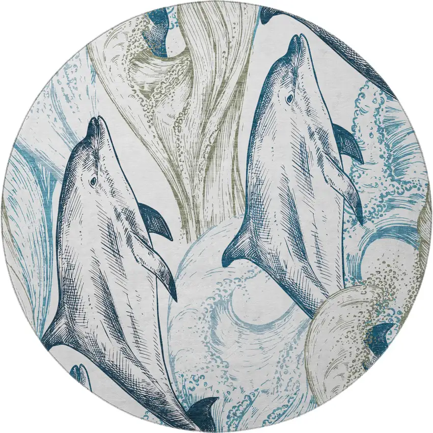 8' Ivory Denim Blue And Taupe Nautical Washable Round Rug With UV Protection Photo 4