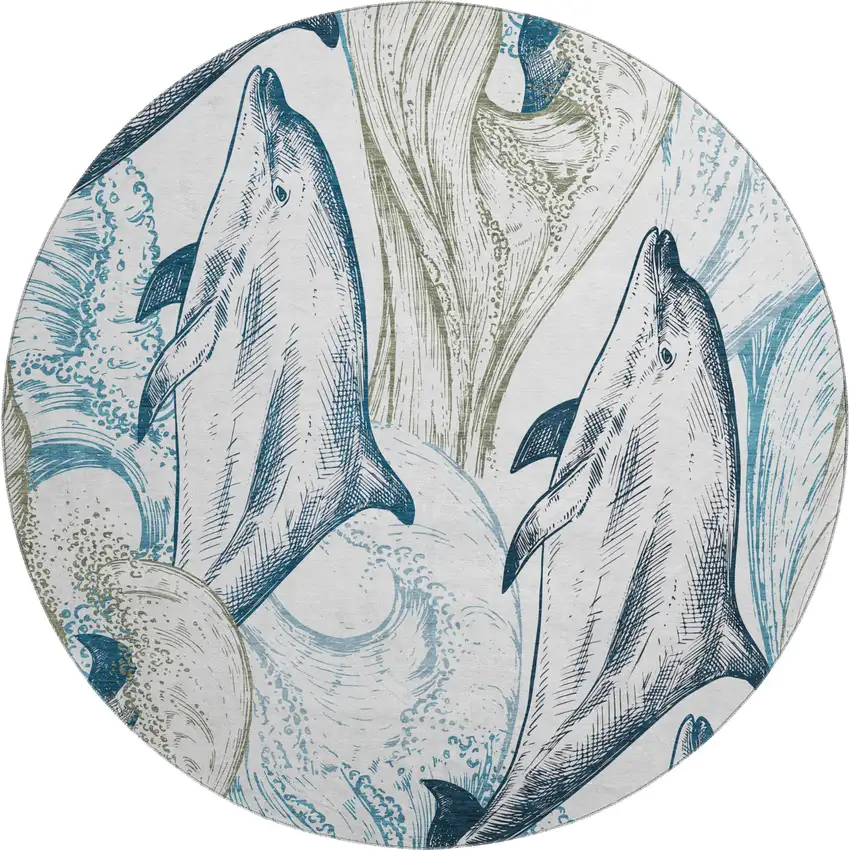 8' Ivory Denim Blue And Taupe Nautical Washable Round Rug With UV Protection Photo 2