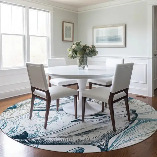 8' Ivory Denim Blue And Taupe Nautical Washable Round Rug With UV Protection Photo 5