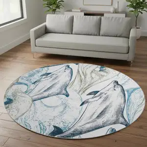 Photo of 8' Ivory Denim Blue And Taupe Nautical Washable Round Rug With UV Protection