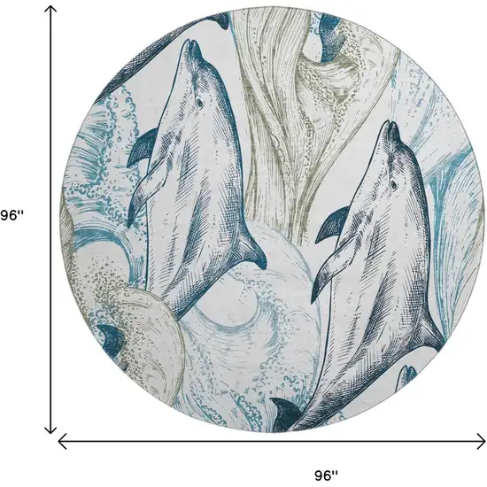 8' Ivory Denim Blue And Taupe Nautical Washable Round Rug With UV Protection Photo 3