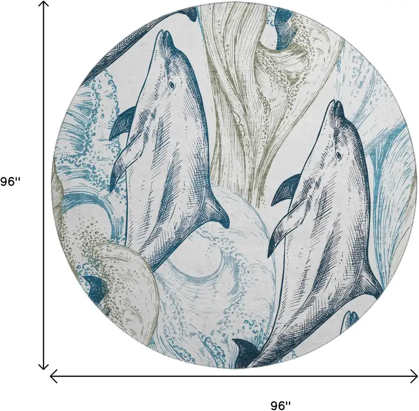 8' Ivory Denim Blue And Taupe Nautical Washable Round Rug With UV Protection Photo 3