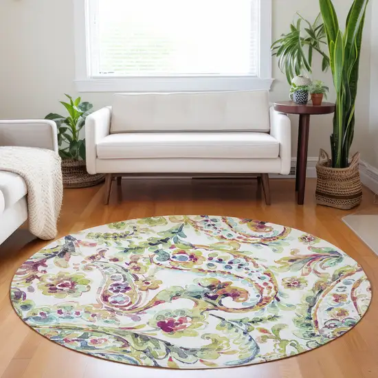 8' Ivory Fern Green And Artichoke Green Round Paisley Washable Indoor Outdoor Area Rug Photo 8