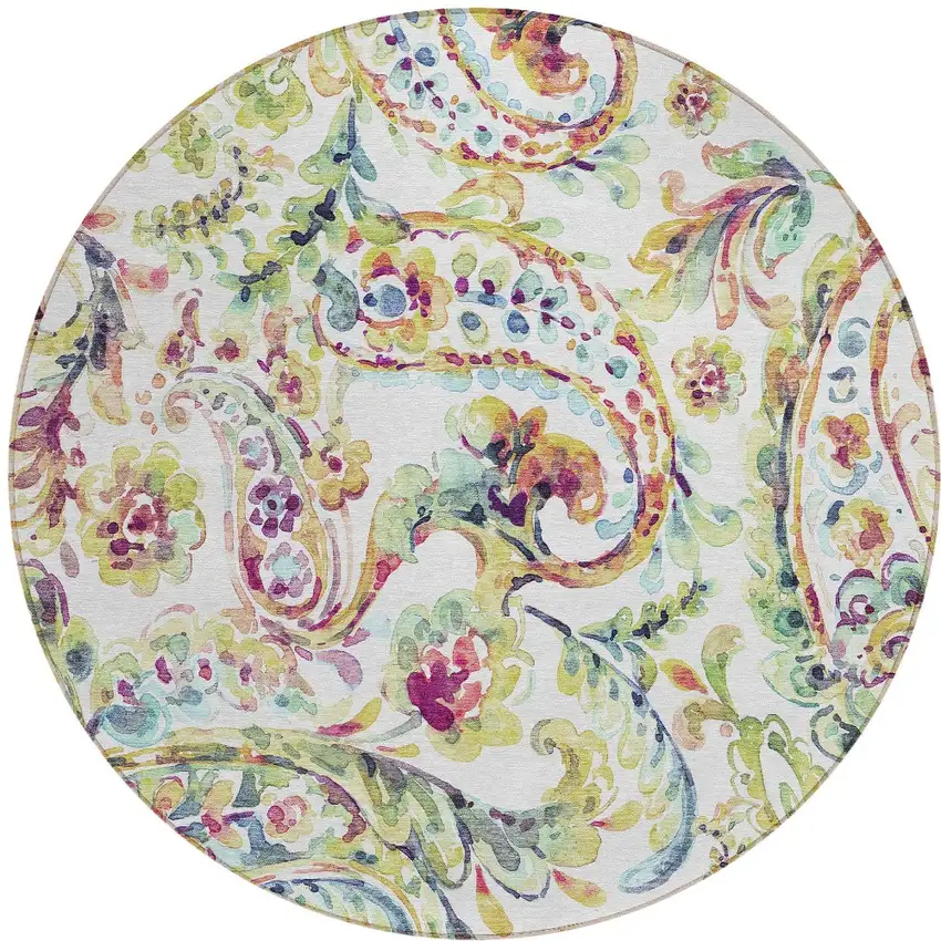 8' Ivory Fern Green And Artichoke Green Round Paisley Washable Indoor Outdoor Area Rug Photo 6
