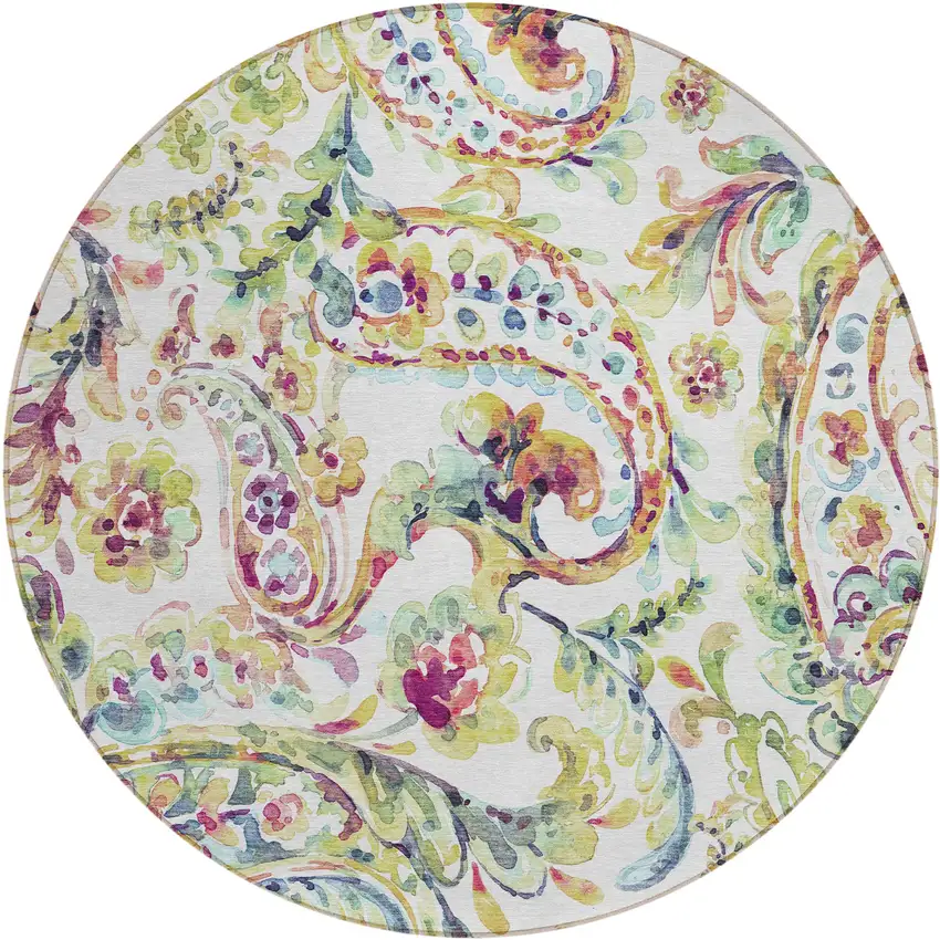 8' Ivory Fern Green And Artichoke Green Round Paisley Washable Indoor Outdoor Area Rug Photo 2