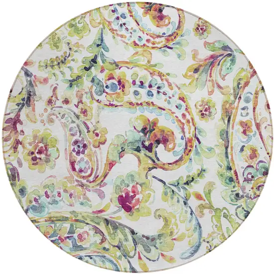 8' Ivory Fern Green And Artichoke Green Round Paisley Washable Indoor Outdoor Area Rug Photo 2