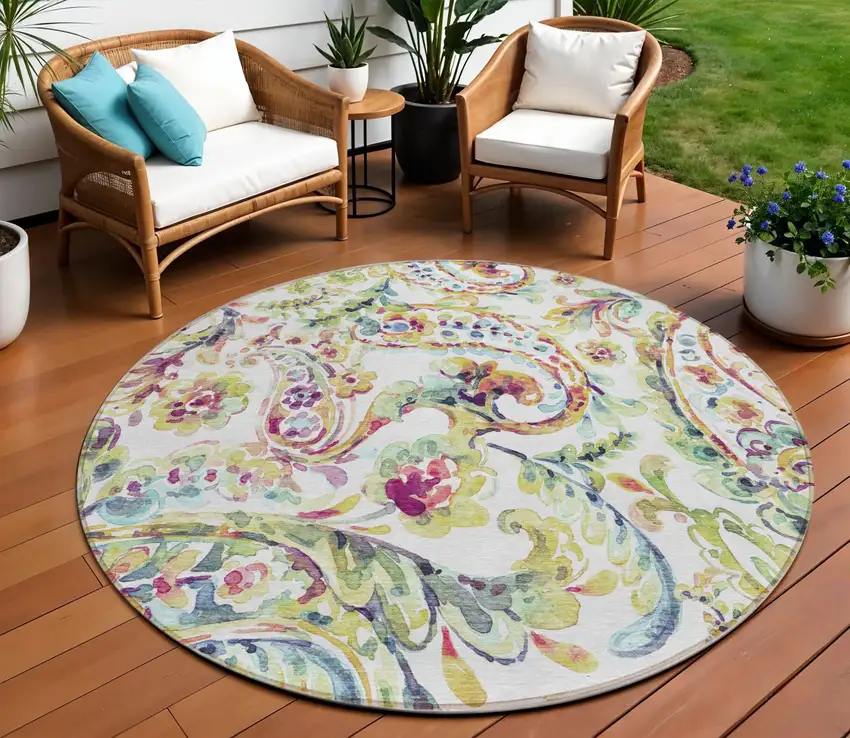 8' Ivory Fern Green And Artichoke Green Round Paisley Washable Indoor Outdoor Area Rug Photo 1