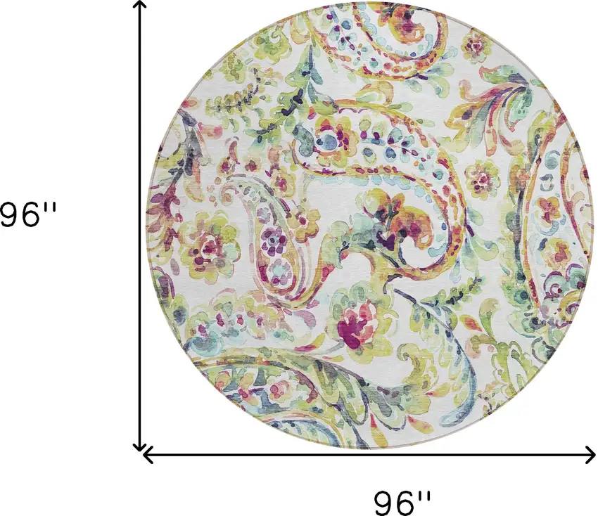 8' Ivory Fern Green And Artichoke Green Round Paisley Washable Indoor Outdoor Area Rug Photo 3