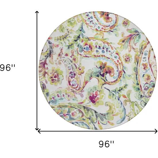 8' Ivory Fern Green And Artichoke Green Round Paisley Washable Indoor Outdoor Area Rug Photo 3