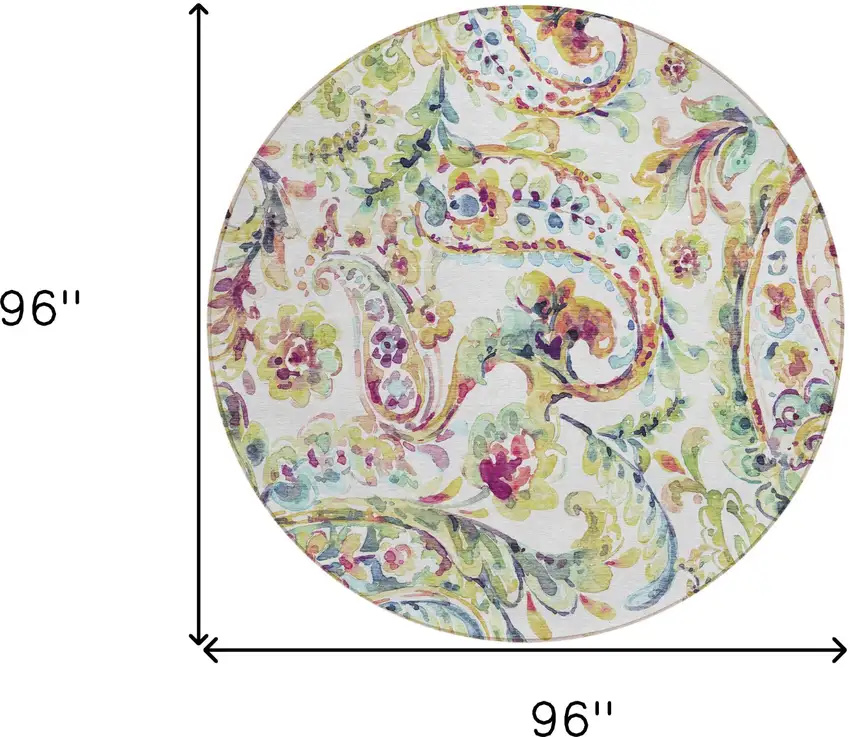 8' Ivory Fern Green And Artichoke Green Round Paisley Washable Indoor Outdoor Area Rug Photo 3