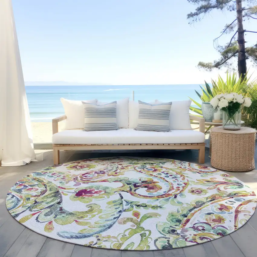 8' Ivory Fern Green And Artichoke Green Round Paisley Washable Indoor Outdoor Area Rug Photo 7