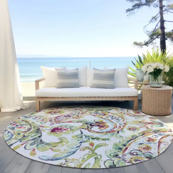 8' Ivory Fern Green And Artichoke Green Round Paisley Washable Indoor Outdoor Area Rug Photo 7