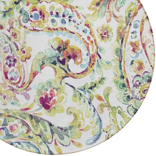 8' Ivory Fern Green And Artichoke Green Round Paisley Washable Indoor Outdoor Area Rug Photo 4