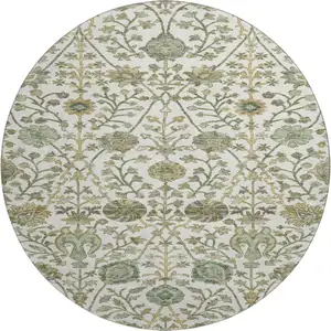 Photo of 8' Ivory Fern Green And Beige Floral Washable Round Rug With UV Protection