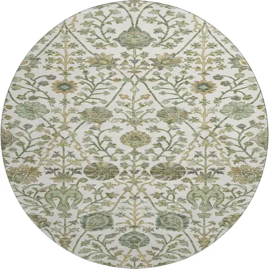 8' Ivory Fern Green And Beige Floral Washable Round Rug With UV Protection Photo 1
