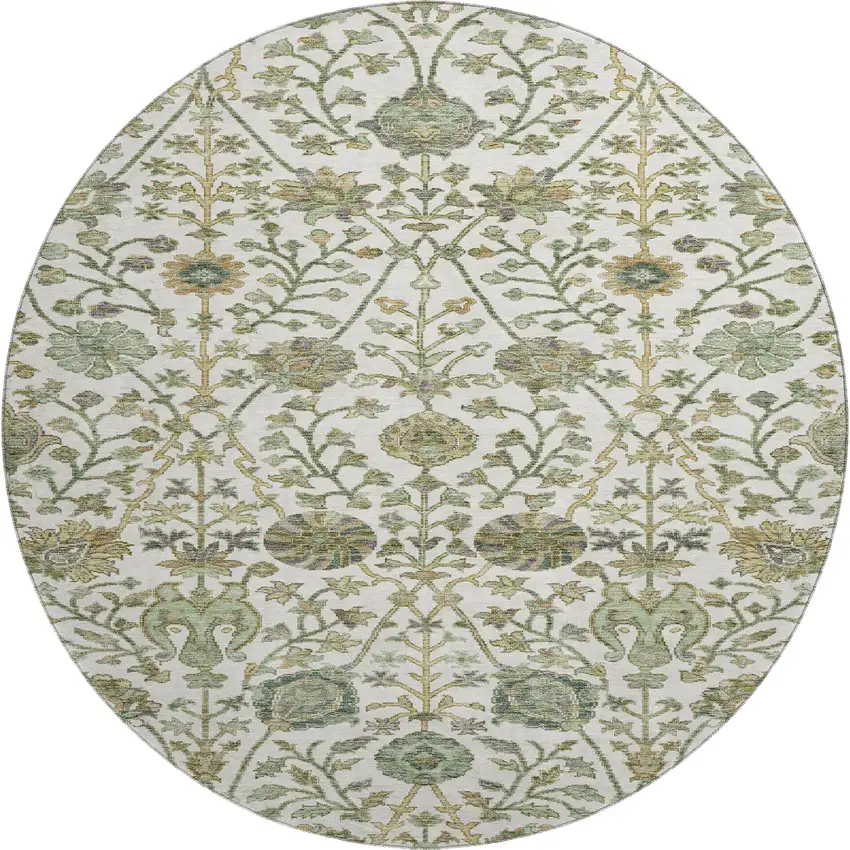 8' Ivory Fern Green And Beige Floral Washable Round Rug With UV Protection Photo 1
