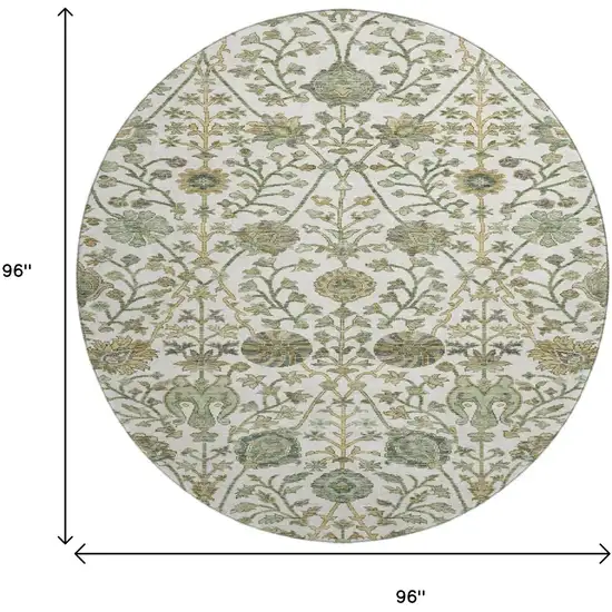 8' Ivory Fern Green And Beige Floral Washable Round Rug With UV Protection Photo 9