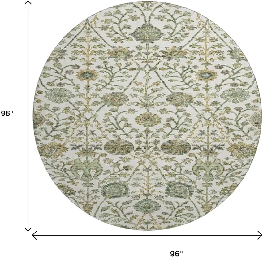 8' Ivory Fern Green And Beige Floral Washable Round Rug With UV Protection Photo 9