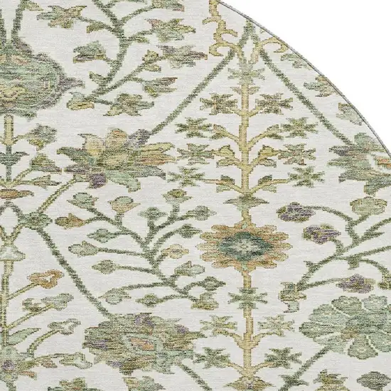 8' Ivory Fern Green And Beige Floral Washable Round Rug With UV Protection Photo 2