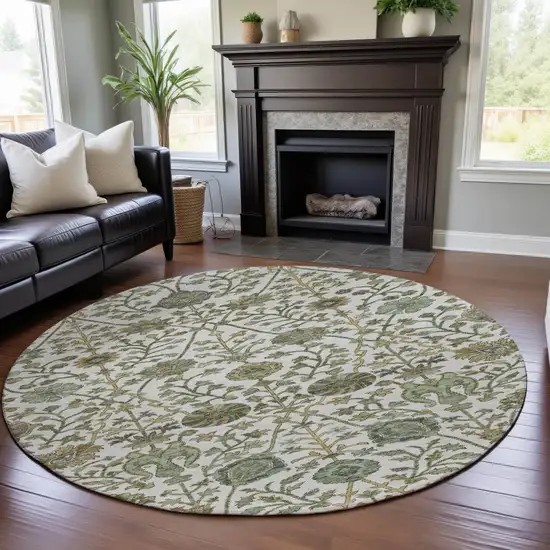 8' Ivory Fern Green And Beige Floral Washable Round Rug With UV Protection Photo 4