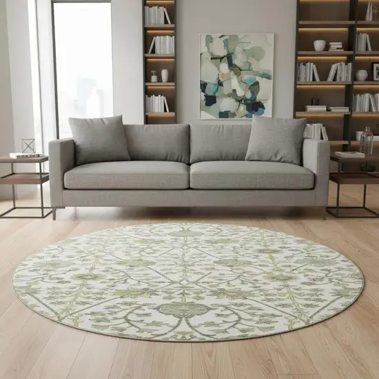 8' Ivory Fern Green And Beige Floral Washable Round Rug With UV Protection Photo 2