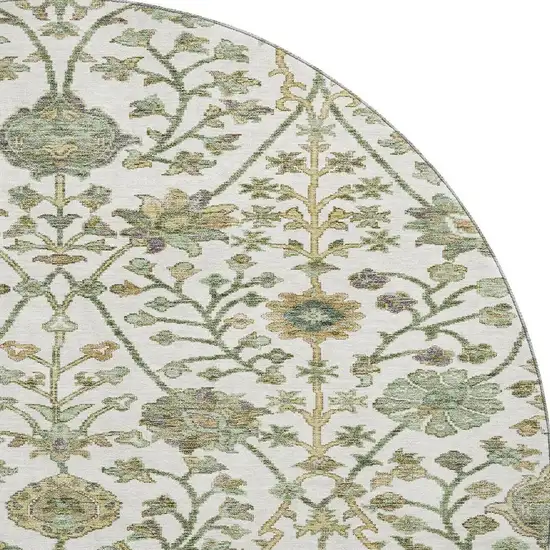 8' Ivory Fern Green And Beige Floral Washable Round Rug With UV Protection Photo 3
