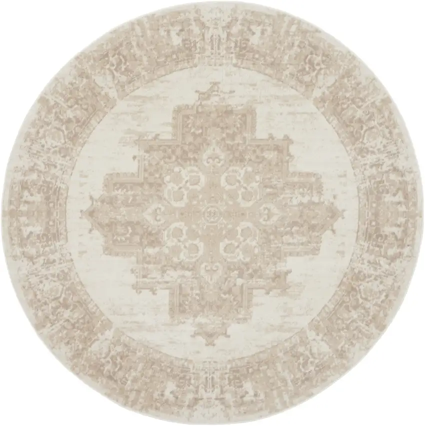 8' Ivory Floral Power Loom Round Rug Photo 2