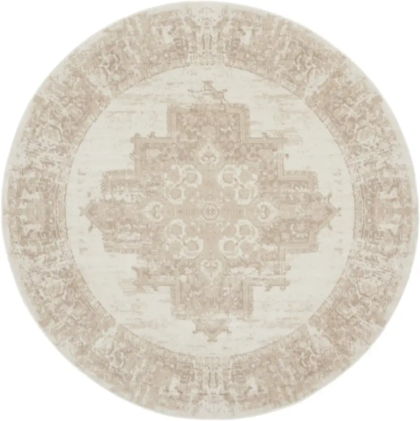 8' Ivory Floral Power Loom Round Rug Photo 5