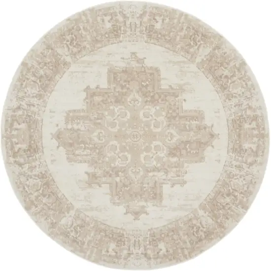 8' Ivory Floral Power Loom Round Rug Photo 4