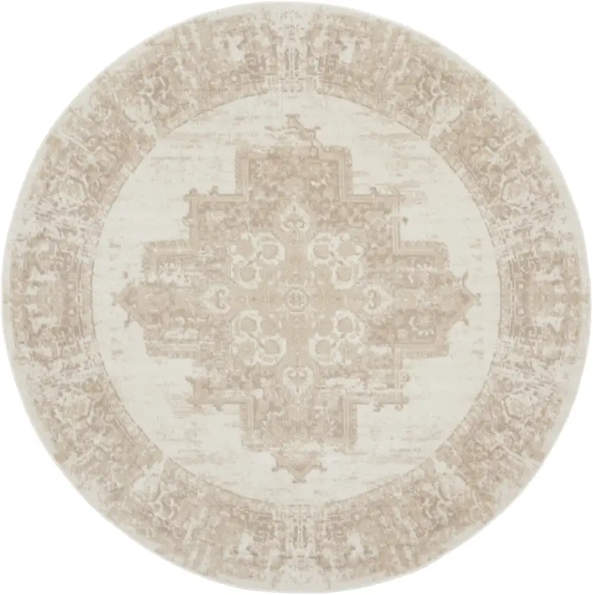 8' Ivory Floral Power Loom Round Rug Photo 4