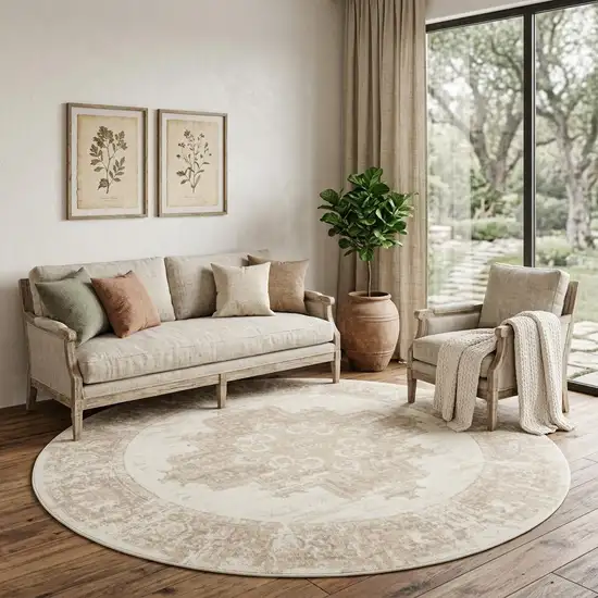 8' Ivory Floral Power Loom Round Rug Photo 1