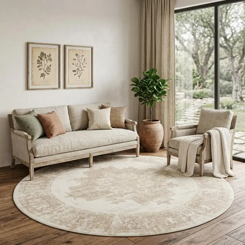 8' Ivory Floral Power Loom Round Rug Photo 1