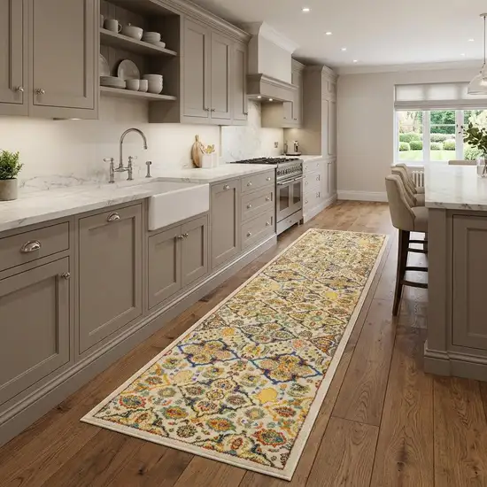 8' Ivory Floral Power Loom Runner Rug Photo 1