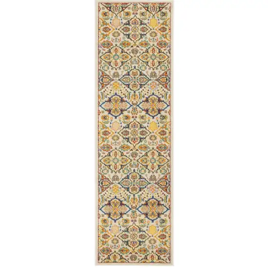 8' Ivory Floral Power Loom Runner Rug Photo 2
