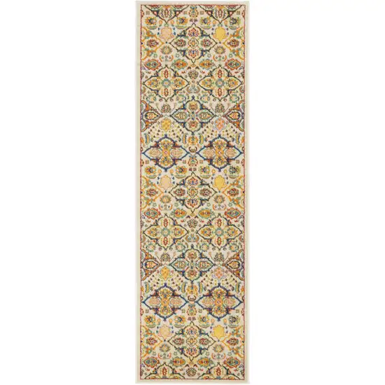 8' Ivory Floral Power Loom Runner Rug Photo 8